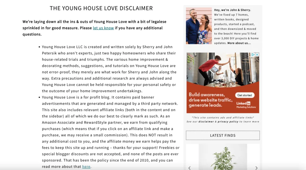 Capture d'écran de la page de non-responsabilité de Young House Love