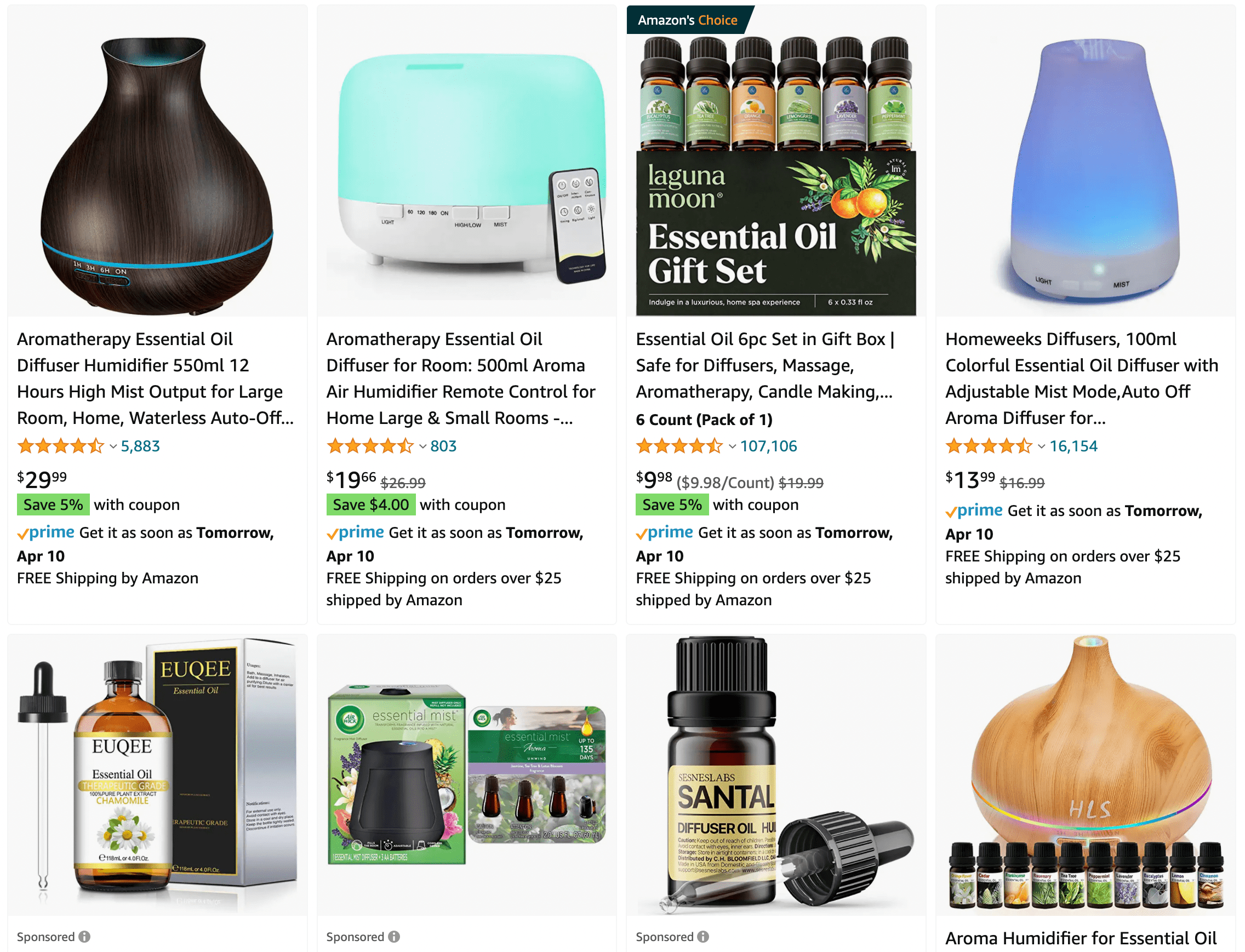 Essential oils and diffusers for sale on Amazon.