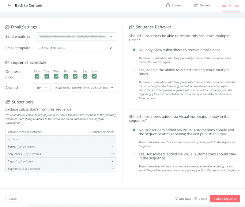 Sequence settings tab