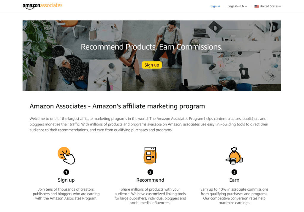 Page d'accueil d'Amazon Associates