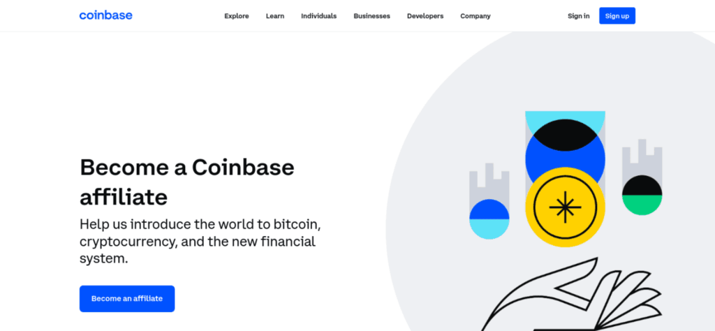 A página do programa de afiliados da Coinbase.