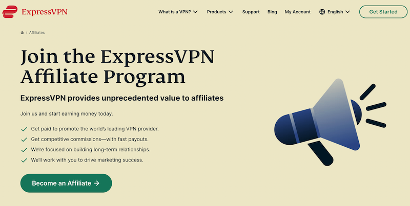 The ExpressVPN affiliate marketing homepage. 