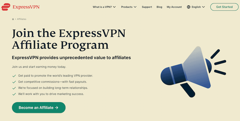 A página inicial de marketing de afiliados da ExpressVPN. 