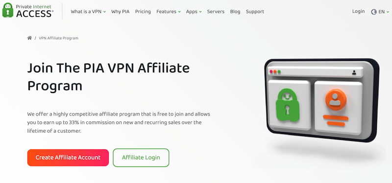 Private Internet Access affiliate marketing homepage. 
