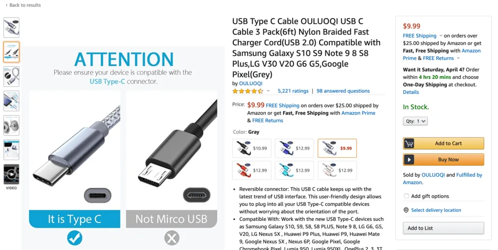 Uma imagem do produto mostrando uma visão de perto de um cabo USB C.