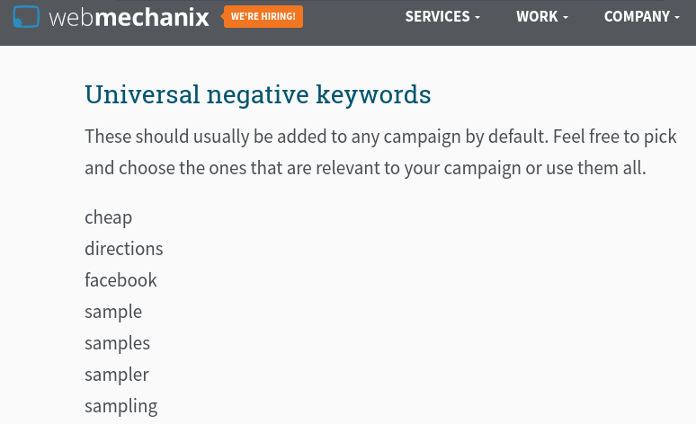 webmechanix universal negative keywords