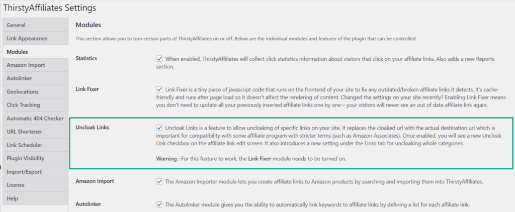 Uncloak Links setting_ThirstyAffiliates