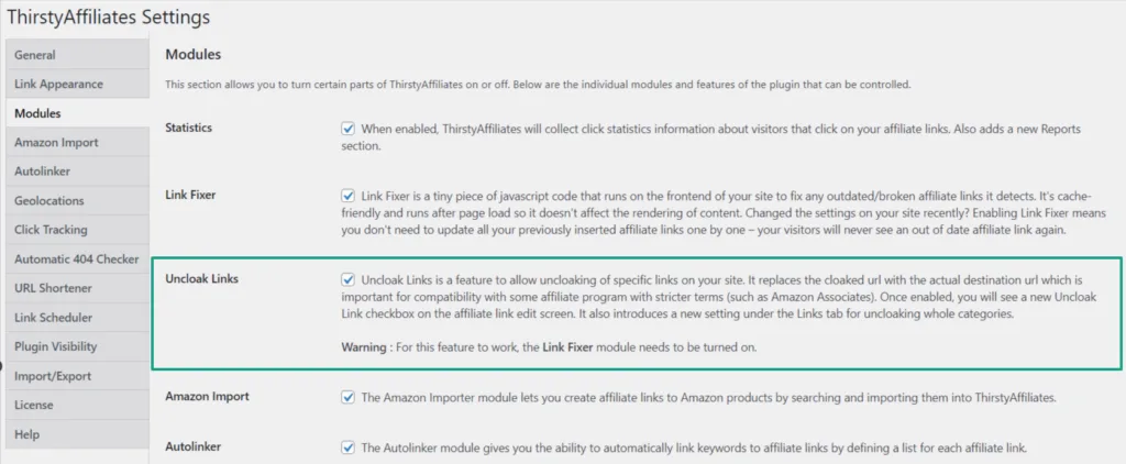 ThirstyAffiliates-Uncloaker-Settings | ThirstyAffiliates Uncloak Links setting_ThirstyAffiliates