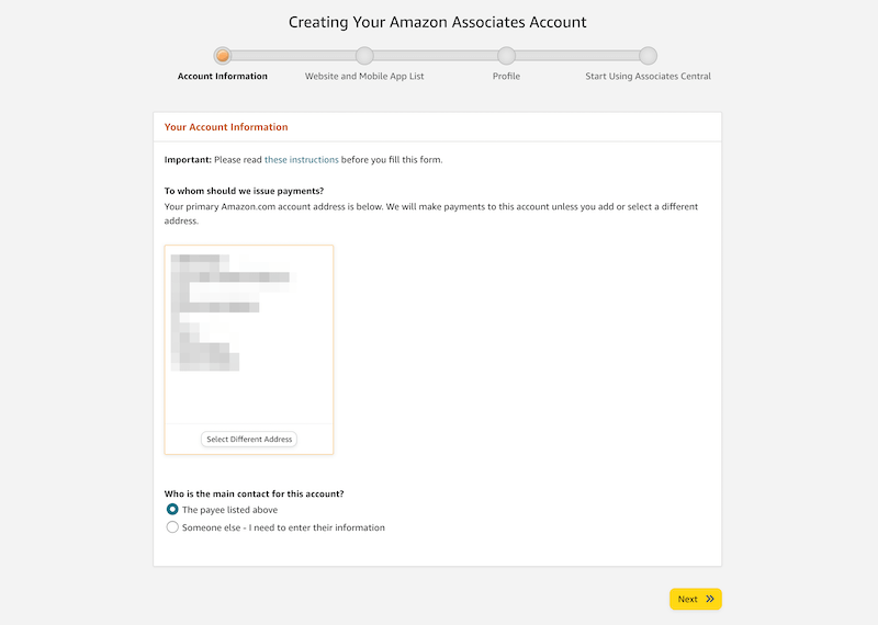 Amazon Associates Account Information page