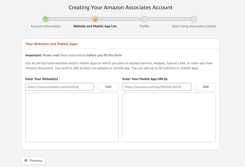 Amazon Associates Website and Mobile App List page