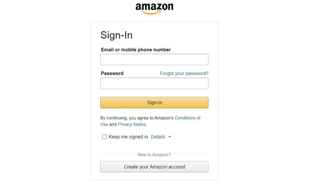 Amazon sign in page
