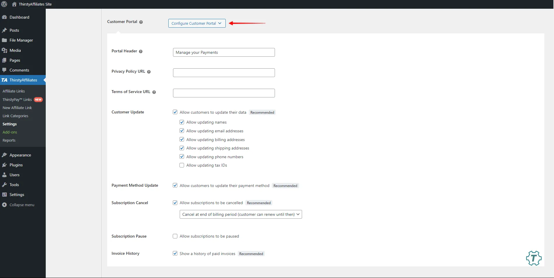 ThirstyPay - Configuring Customer Portal