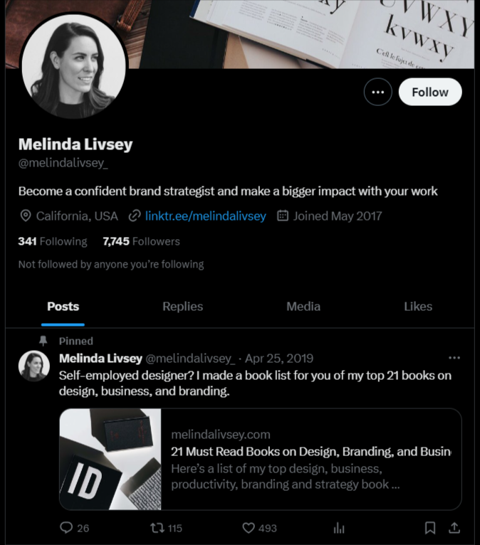 Melinda Livsey X profile featuring a pinned post