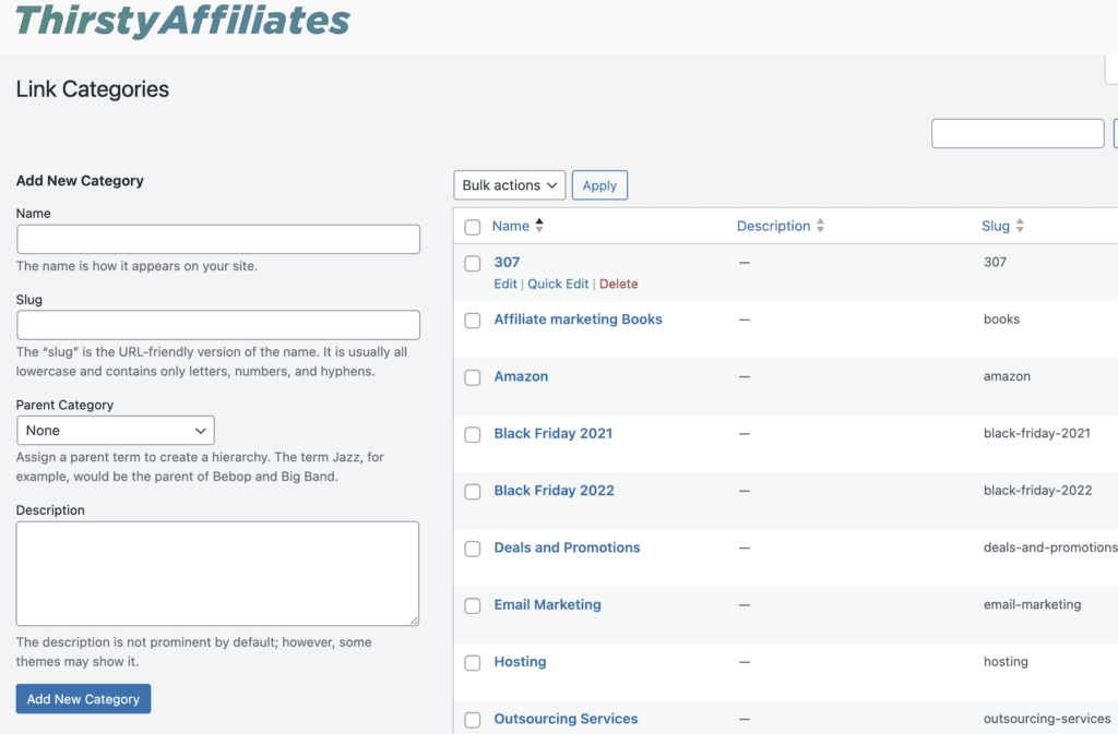 catégorie de liens d'affiliation dans thirsty affiliates