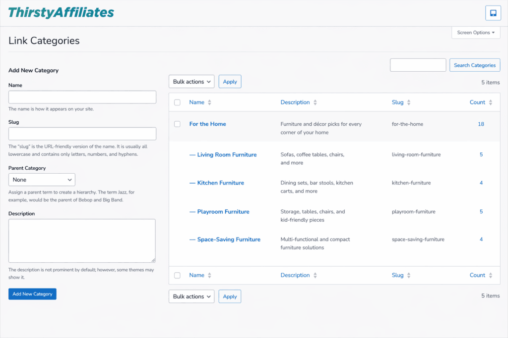 Admin panel for ThirstyAffiliates showing Link Categories with a form to add a new category on the left and a categories table on the right (5 items)