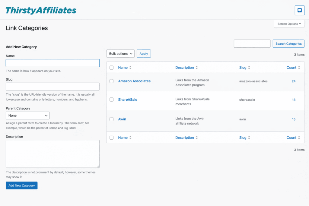 ThirstyAffiliates Link Categories page with a form to add a new category and a table of existing categories on the right (Amazon Associates, ShareASale, Awin).
