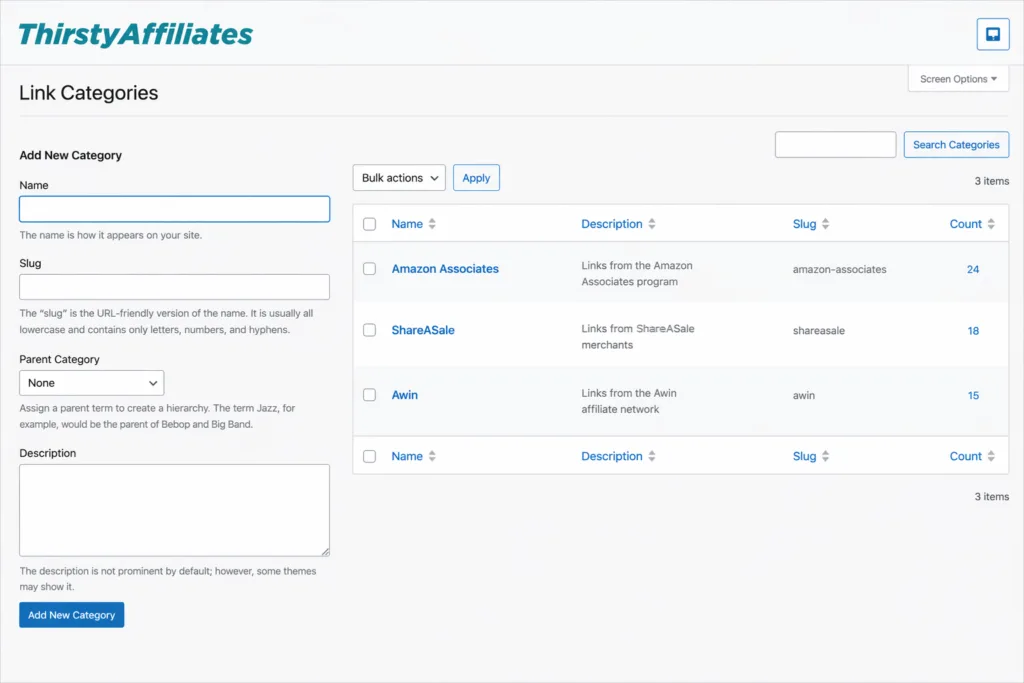 Página ThirstyAffiliates Link Categories com um formulário para adicionar uma nova categoria e uma tabela de categorias existentes à direita (Amazon Associates, ShareASale, Awin).