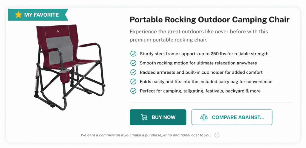 Banner for Portable Rocking Outdoor Camping Chair showing burgundy chair with a feature checklist and Buy Now / Compare buttons on the right side.