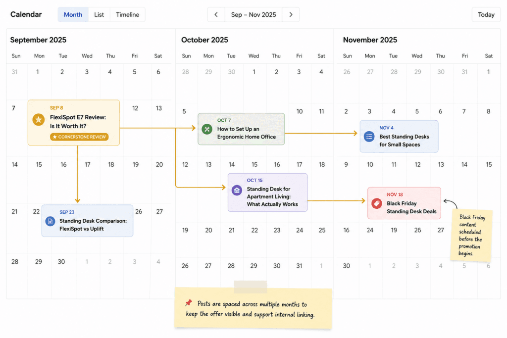 A three-column calendar view showing scheduled posts: Sep 8, Oct 7, Nov 4, with follow-up posts on Sep 23, Oct 15, and Nov 18 (marketing timeline).