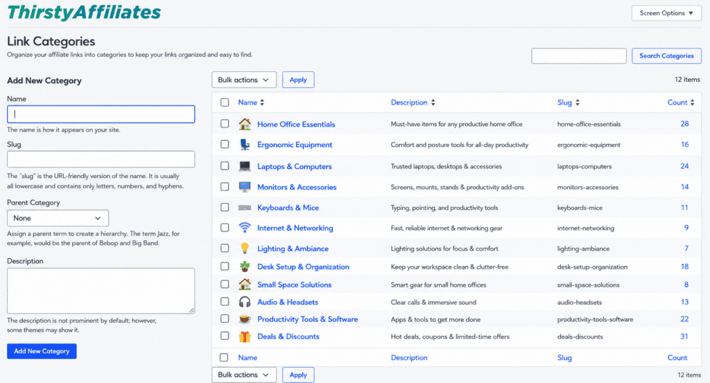 ThirstyAffiliates Link Categories page with a form to add a new category on the left and a categories list on the right in a dashboard layout,