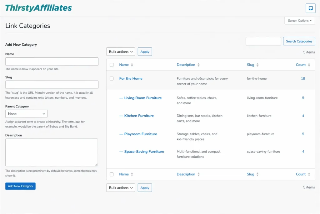 For-the-home-link-category-and-subcatergories-examplepng | ThirstyAffiliates Screenshot of ThirstyAffiliates admin page for Link Categories, showing a left form to add a new category and a right table of existing categories with names and counts.