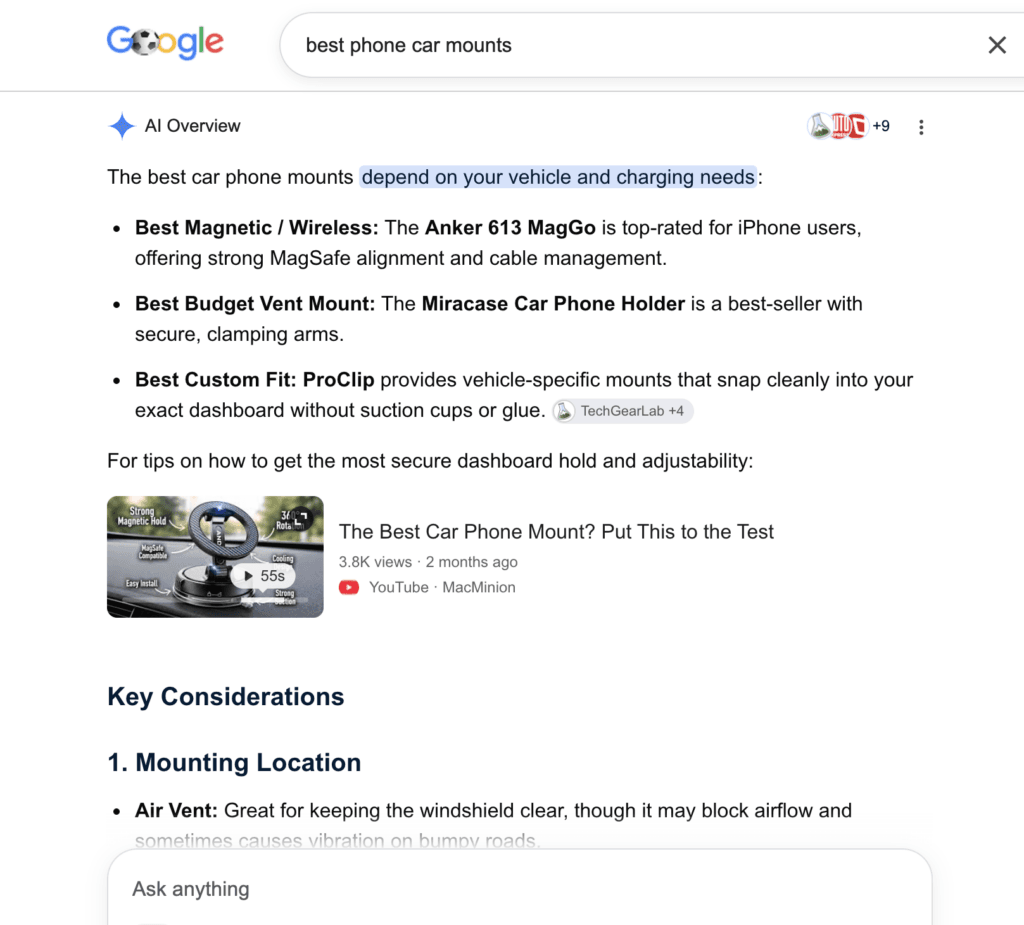 AI Overview panel listing best car phone mounts and quick tips for choosing based on vehicle and charging needs, with bullets of top picks.