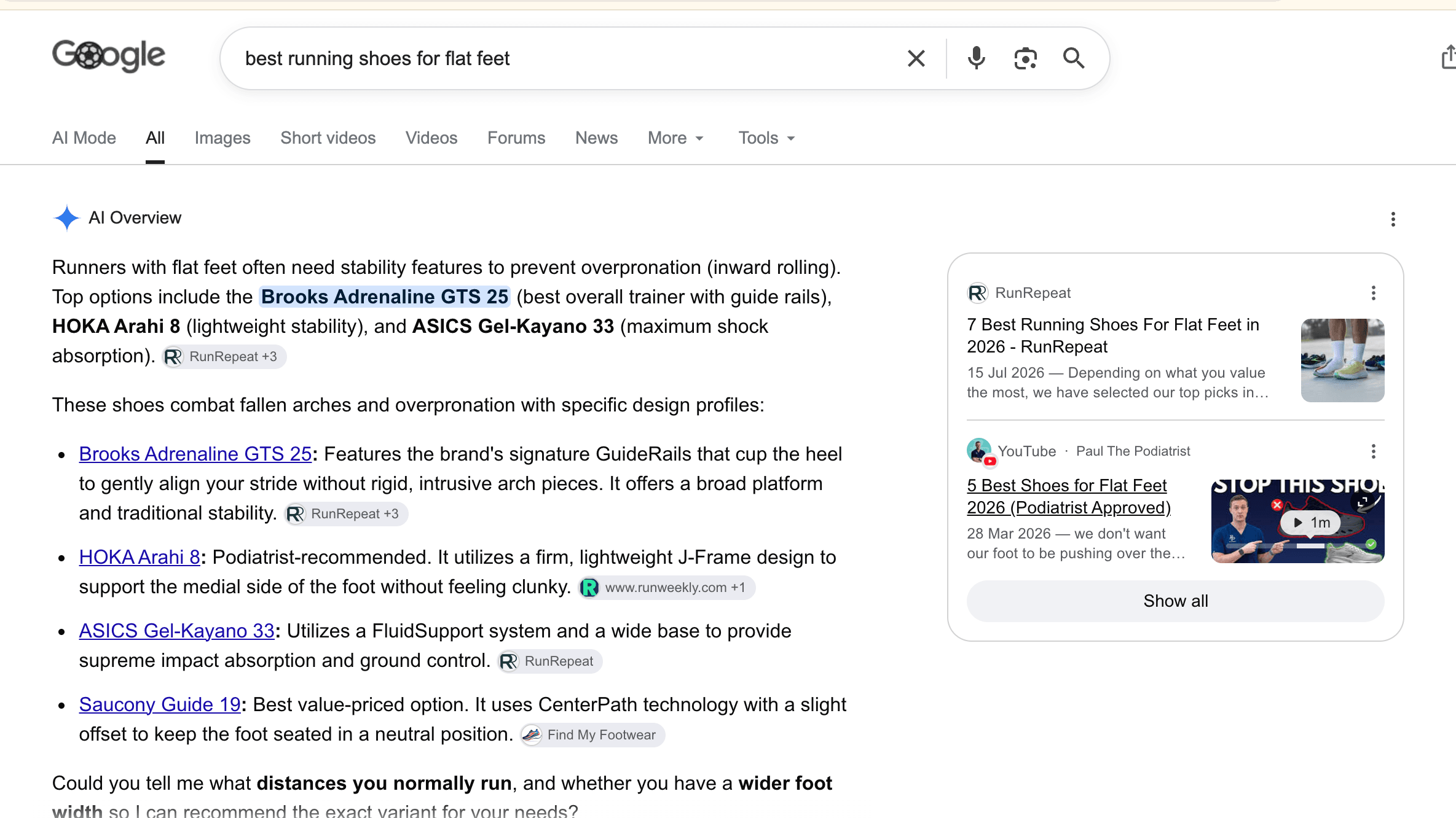 Screenshot 2026-07-19 at 95803 PM | ThirstyAffiliates Screenshot of a Google search results page with an AI Overview section about stability shoes for flat feet, listing Brooks Adrenaline GTS 25, HOKA Arahi 8, and ASICS Gel-Kayano 33 as top options, plus feature bullets.