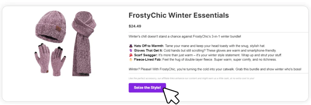 Winter accessories bundle FrostyChic: knit hat, scarf, gloves; .49; features bullet list and purple 'Seize the Style' button.