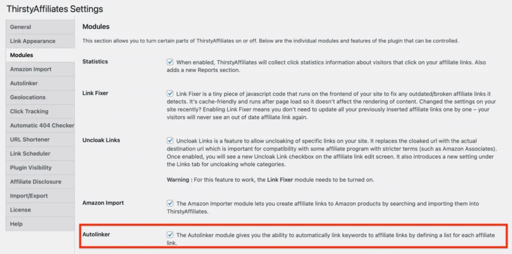 ThirstyAffiliates Settings: left menu with Modules; Autolinker option checked to auto-link keywords to affiliate links.